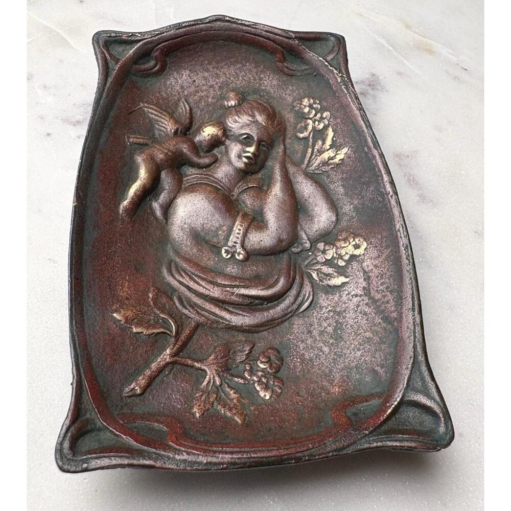 Art Nouveau Bronze Tray, Woman & Cherub Relief, Vintage Jewelry Dish